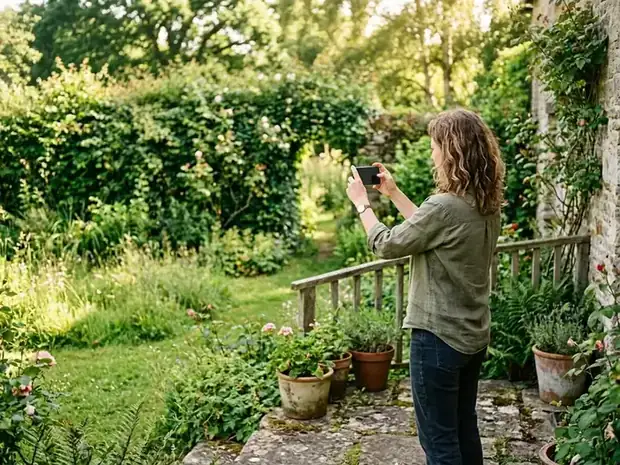 Gartenbesitzerin fotografiert ihre überwachsene Hecke mit dem Handy