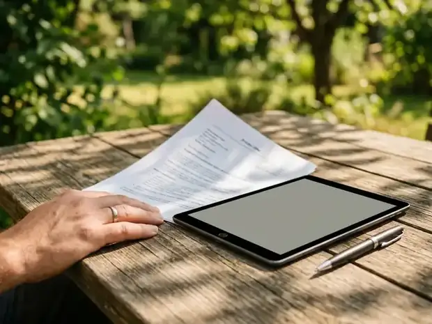 Angebot und Tablet auf einem Gartentisch im Sonnenlicht