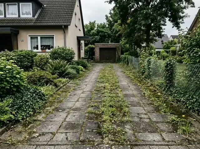 Einfahrt mit Moos und Grünbelag zwischen den Pflastersteinen
