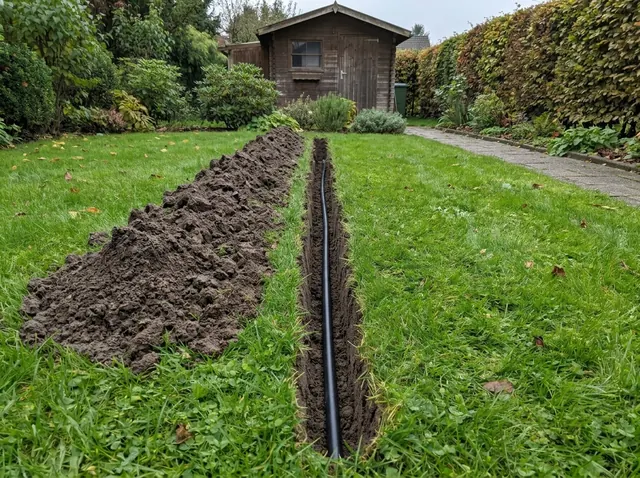 Aufgegrabener Schlitz im Rasen mit sichtbar verlegter Leitung