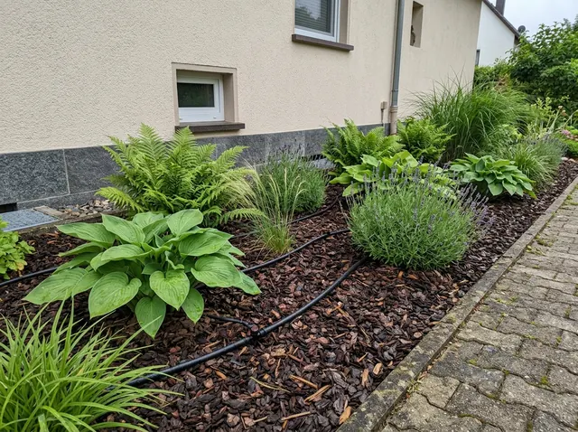 Dasselbe Beet mit Tropfschlauch unter der Rinde, die Pflanzen stehen wieder aufrecht