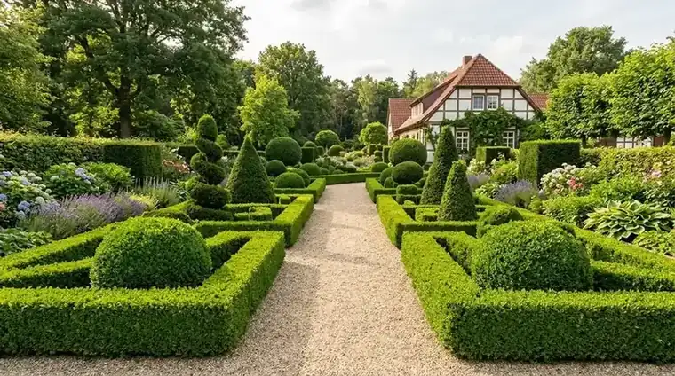 Formal angelegter Garten mit geschnittenen Buchshecken und Kiesweg