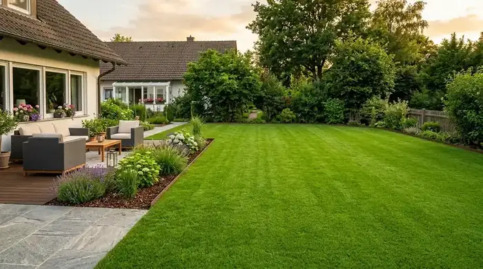 Terrasse mit angrenzendem gepflegtem Rasen am Abend