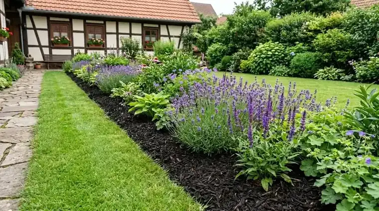 Staudenbeet mit Lavendel und frisch abgestochener Rasenkante