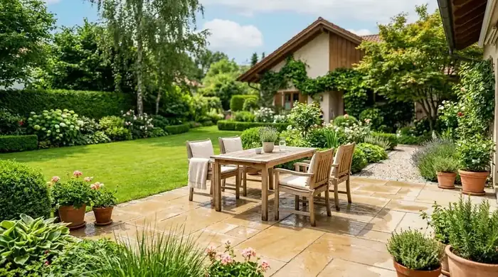 Sitzplatz im Garten mit gemähtem Rasen und bepflanzten Kübeln