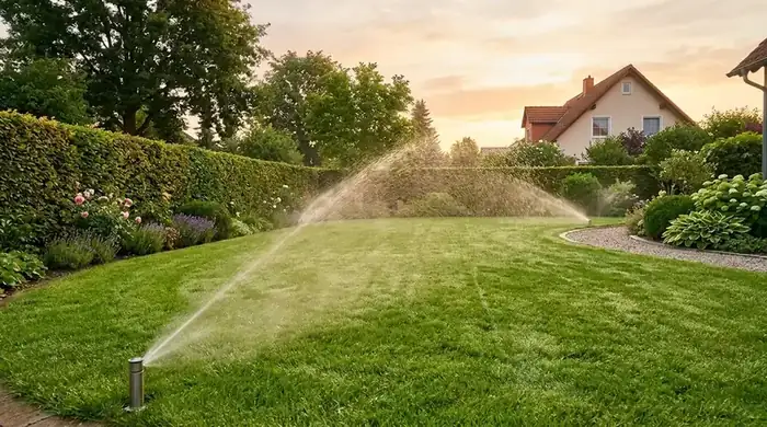 Automatische Bewässerung sprengt einen Rasen im Abendlicht