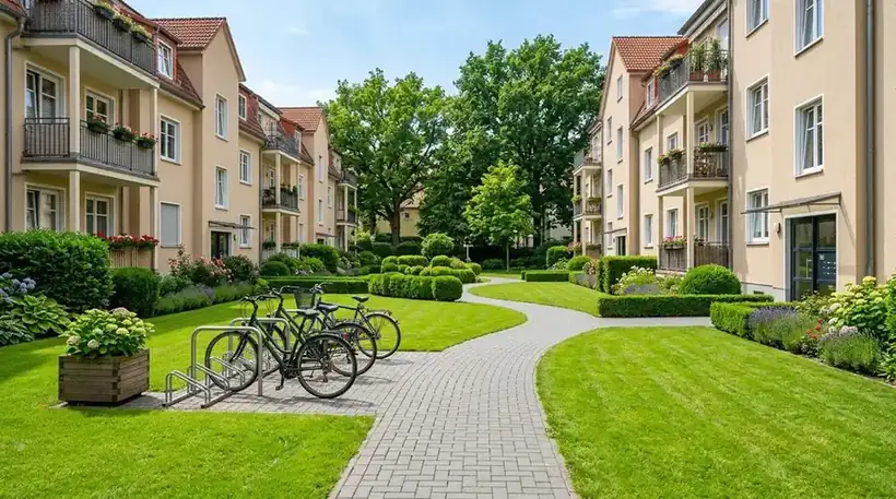 Gepflegte Grünanlage im Innenhof einer Münchner Wohnanlage