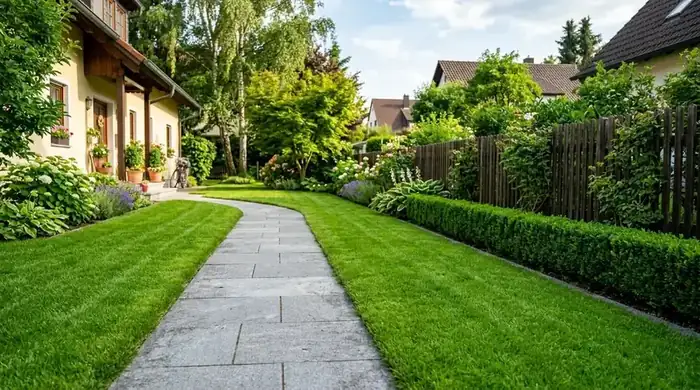 Plattenweg zwischen Rasenflächen mit sauberen Kanten