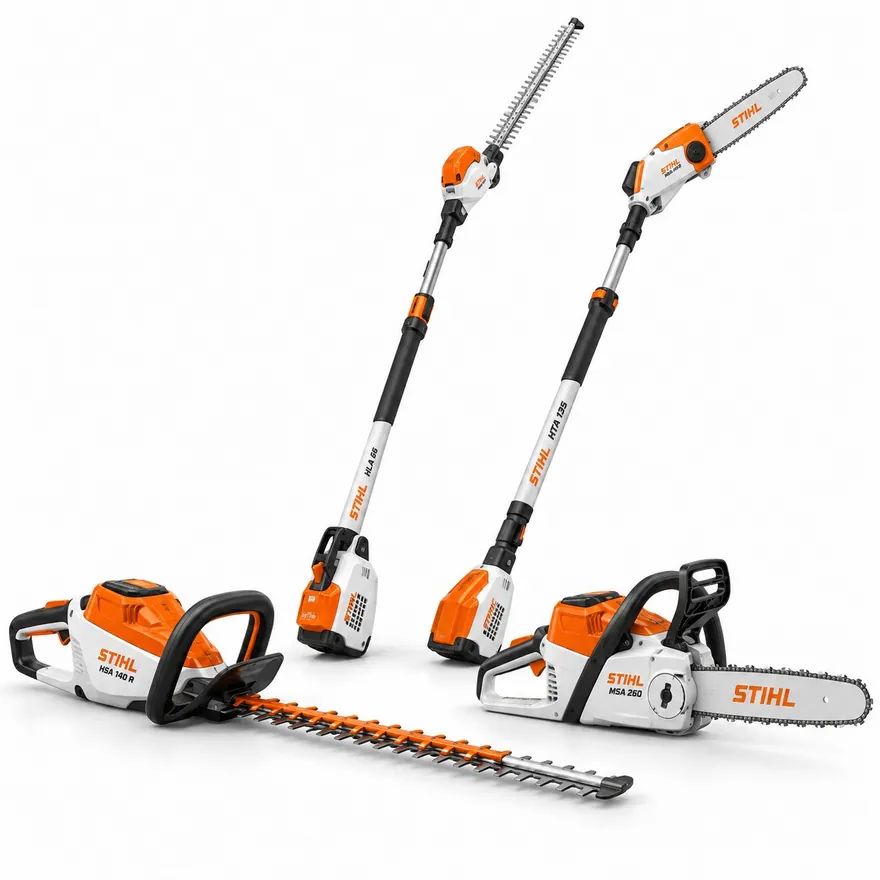 Vier STIHL Akkugeräte: Heckenschere HSA 140 R, Teleskop-Heckenschneider HLA 66, Hochentaster HTA 135 und Kettensäge MSA 260
