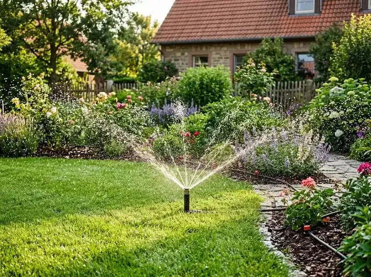 Versenkregner bewässert einen Rasen in einem Garten