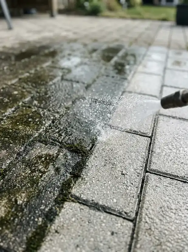 Nahaufnahme von Pflastersteinen: links vermoost, rechts sauber gereinigt
