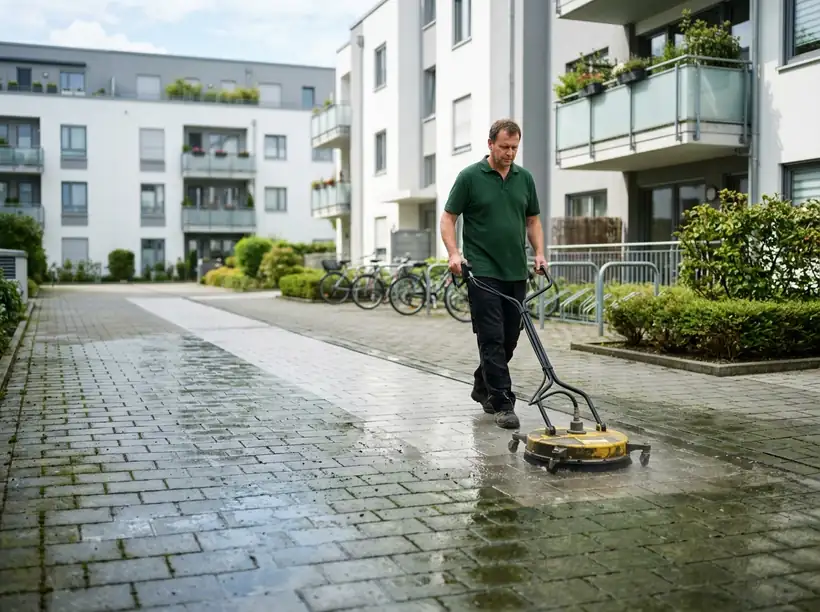 Mitarbeiter reinigt das Pflaster im Innenhof einer Wohnanlage mit dem Flächenreiniger