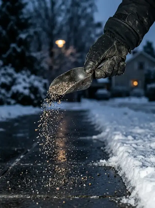Behandschuhte Hand streut Splitt auf einen frisch geräumten Gehweg