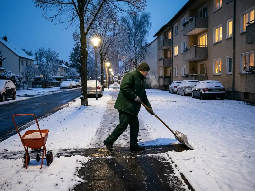Mitarbeiter räumt am frühen Morgen den Gehweg vor einem Wohnhaus