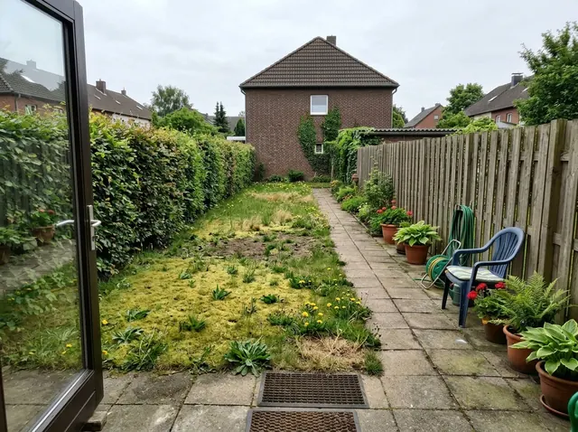 Reihenhausgarten mit vermoostem, lückigem Rasen und kahlen Erdstellen vor der Arbeit