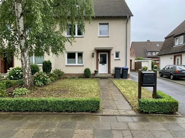 Vorgarten unter einer Birke mit kahlem Boden, Moos und dünnem Gras