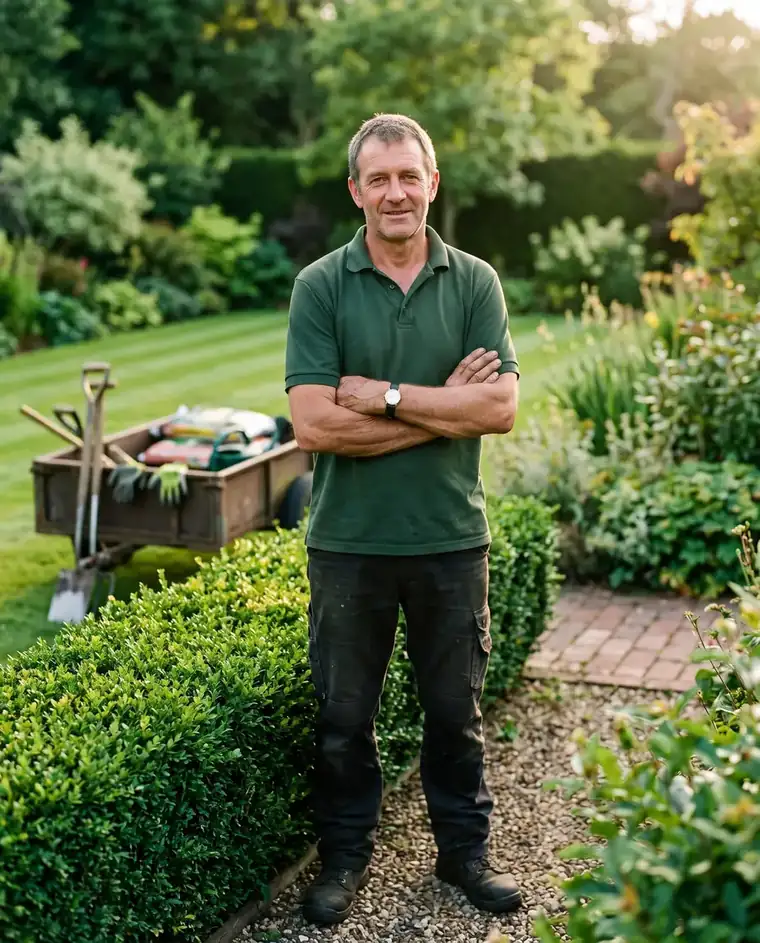 Gärtner in dunkelgrünem Poloshirt vor einem gepflegten Garten mit Anhänger und Werkzeug (Beispielbild)